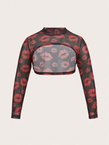SHEIN MOOSTA Große Größen Damen Stehkragen Langarm Sexy Roter Lippen Muster Crop Top