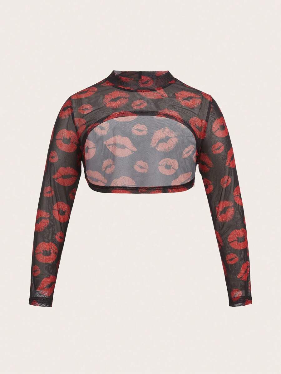 SHEIN MOOSTA Große Größen Damen Stehkragen Langarm Sexy Roter Lippen Muster Crop Top