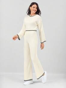 Miaspire 2pcs Women Casual Sweater Set With Contrast Trim Round Neck Long Sleeve Top And Pants - Apricot - View 5