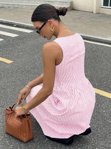 Siren Gaze Women Stripe Print Sleeveless Square Neck Mid-Length Dress For Summer Pink