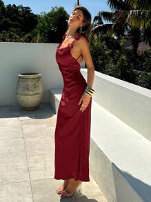 Aloruh 优雅浪漫时尚通勤性感优雅连衣裙，适合派对、度假、浪漫约会、婚礼和生日，女式浅绿色细肩带连衣裙 - 酒紅色 - 查看 5