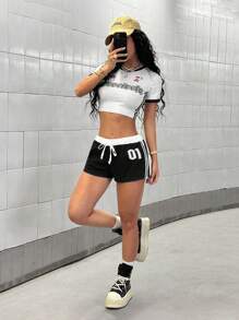 StreetHx Pantalones cortos de verano de ajuste ceñido con impresión de dígitos en azul marino, contraste de cintura y adorno de cintas laterales, para uso urbano