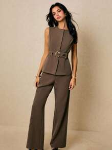 Poéselle 女士两件套纯色腰带无袖上衣和带口袋长裤优雅装