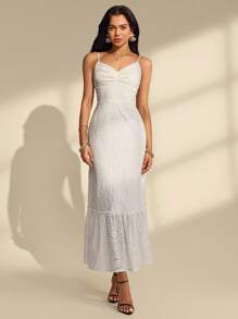 Almamuse 女士夏季休闲度假纯色雪纺胸前荷叶边褶饰下摆吊带连衣裙白色孔眼连衣裙波西米亚风白色连衣裙新娘送礼会礼服白色长裙 - 白色 - 查看 4