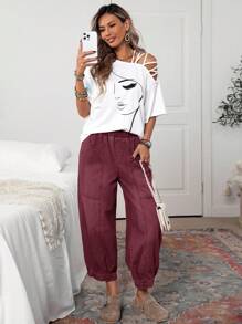 EMERY ROSE 女士休闲水洗复古灯笼裤牛仔裤女休闲裤松紧腰裤女式口袋灯笼裤七分裤 - 紅色 - 查看 5