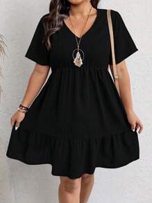 SHEIN LUNE 大码女式休闲宽松短袖连衣裙，纹理面料 - 黑色 - 查看 6