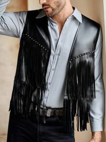 HIMLAND Men's Casual PU Leather Sleeveless Fringed Solid Color Western-Style Vest, Country Concert Cowboy Vest, Grunge - Black - View 6