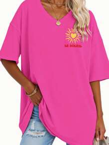 DrmWander Women's Holiday Casual Sunshine Letter Printed T-Shirt, Large V-Neck Short Sleeved T-Shirt