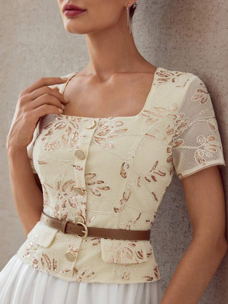 CONTRAST SEQUIN EMBROIDERY FLOWY DRESS