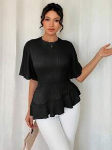 Elenzga 优雅女士纯色纹理条纹荷叶边袖子收腰衬衫