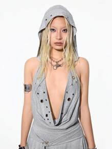 SHEIN Unity 女式镂空露背挂脖无袖连帽连衣裙 - 灰色 - 查看 5