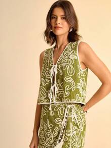 CAJUNI Conjunto de 2 piezas de mujer con cárdigan transparente con textura y estampado floral sin mangas con lazo y pantalones con cordón con flecos, conjunto de verano de 2 piezas para resort - Multicolor - Ver 4