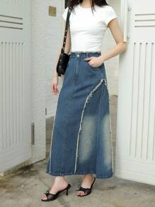 K-Vae Women's Autumn Pocket Raw Edge Fishtail Hem Casual Denim Skirt, Retro Old Money Style,Korean Style,Homecoming Dress,Fall Outfits For Women, Old Money Style Women