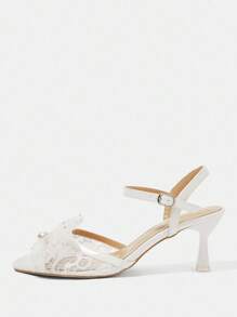 CUCCOO HITCHD 1 双女式白色蕾丝尖头穆勒鞋，珍珠蝴蝶结装饰和网眼细节，高跟鞋 - 白色 - 查看 8