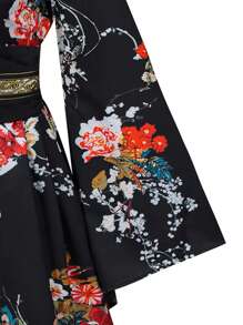 Irokai Floral Print Overlap V-Neck Flare Sleeve  Yukata Kimono/Robe (Without Fan)