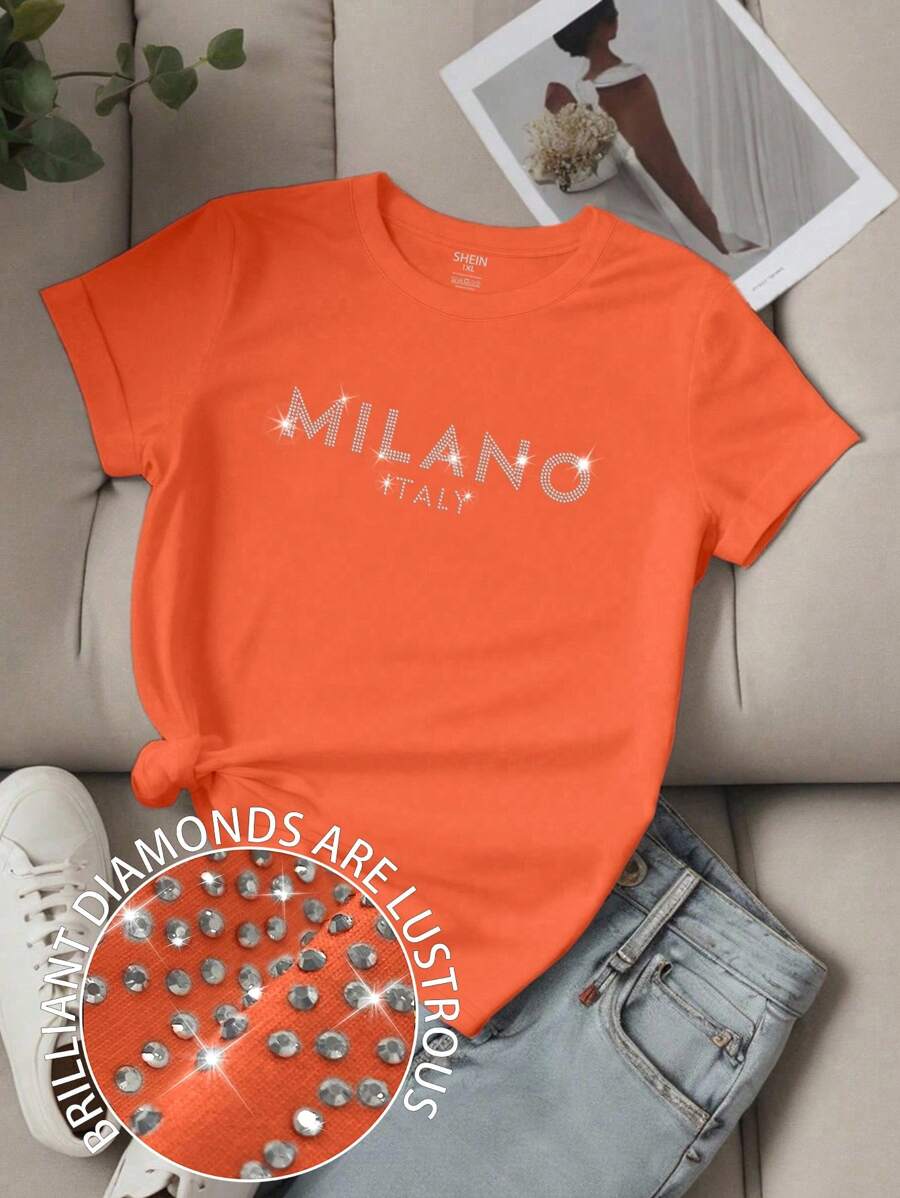 Flirla Camiseta de manga corta casual para mujer de talla grande con estampado de la frase MILANO ITALY y gráfico de MILAN ITALY - Naranja - Ver 1