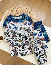 Baby Boy Fun Print Short Sleeve Shorts Knit Pajamas 6 Pieces Set For Summer Graphic - Multicolor - View 1