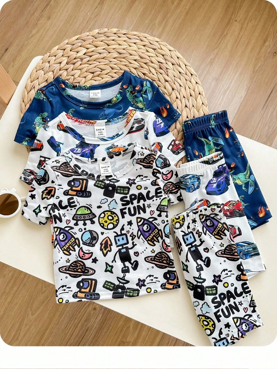 Baby Boy Fun Print Short Sleeve Shorts Knit Pajamas 6 Pieces Set For Summer Graphic - Multicolor - View 1