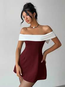 Aloruh 情人节拼色露肩蝴蝶结迷你连衣裙 - 酒紅色 - 查看 1