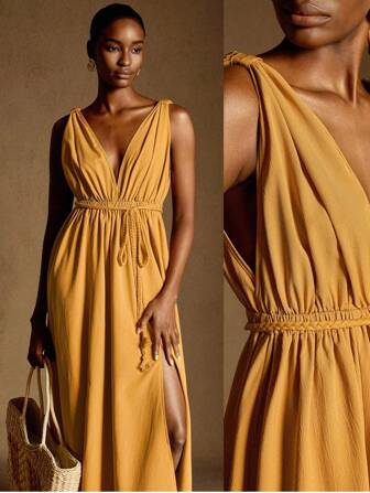 Écloséra 女式深V领休闲沙滩度假黄色连衣裙