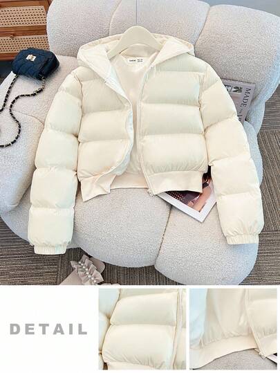 SHEIN Chaqueta acolchada de unicolor con capucha y manga larga para adolescentes, para invierno