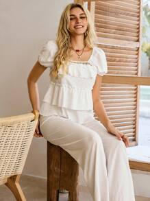 Lullawish Bohemian Elegant Lace Trim Layered Ruffle Women Pajama Set Babydoll Pajama Set