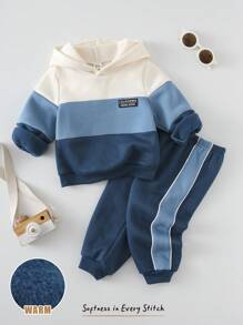 Cozy Pixies 两件套幼儿男童撞色针织柔软圆领长袖连帽卫衣和弹力腰束脚裤，舒适百搭时尚休闲基础套装，适合室内外休闲、滑雪、返校、日常穿着、运动、玩耍、派对、节日、万圣节、圣诞节、新年、情人节、旅行等多种场合。 - 彩色 - 查看 6