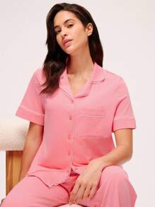 LUVLETTE 柔软100%纯棉撞色滚边粉色短袖基础款纽扣上衣和裤子女士家居服透气睡衣套装裤子带口袋舒适内衣居家穿着新娘内衣，秋季服装 - 珊瑚粉 - 查看 4