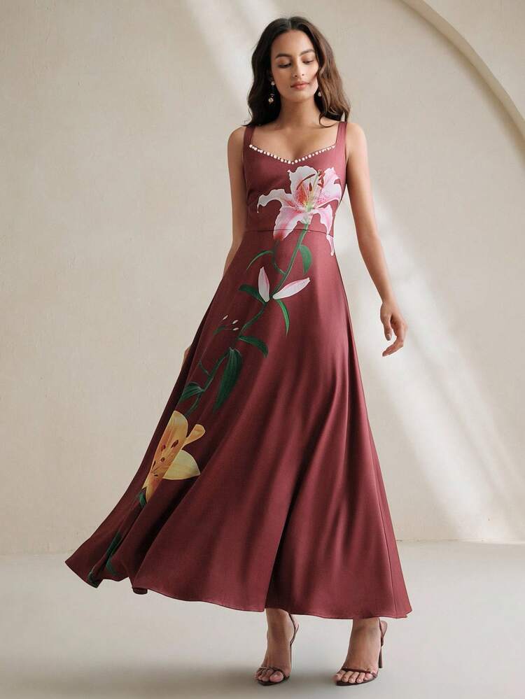 Women's Elegant New Arrival Spaghetti Strap V-Neck Swing Dress, Wine Red Color, For Holiday