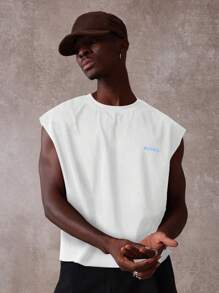 SUMWON 仅限会员 无袖棉质背心 休闲夏季肌肉 T 恤 街头时尚合身短款背心 带有淡蓝色徽标文字