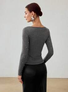 MOTF PREMIUM WOOL BLEND BOAT NECK FAUX PEARL BASIC FASHION T-SHIRT - Grey - View 4