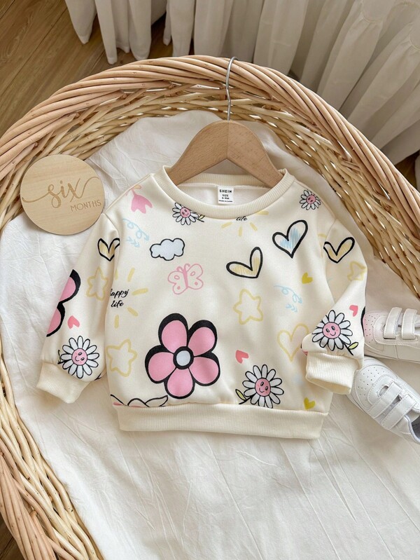 Baby Girl Loose Casual Round Neck Cartoon Print Soft Minimalist Long Sleeve Sweatshirt