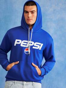 PEPSI X SHEIN 男士休闲日常字母图案口袋抽绳连帽衫，秋季 - 藍色 - 查看 3