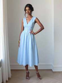 SHEIN ChicEase Váy chữ A khoét nút lưng cao không tay - Màu xanh lam - Xem 3