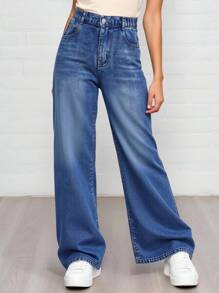 SHEIN TWEEN GIRLS 百搭休闲直筒牛仔裤，柔软复古水洗面料，适合户外和所有季节