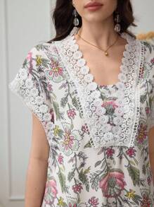Lacomfia 优雅花卉印花蕾丝拼布短袖连衣裙，女款，春夏 - 彩色 - 查看 4
