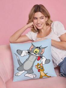 TOM & JERRY X SHEIN Bộ vỏ gối có thể tháo rời dùng làm vỏ gối ngủ/tựa lưng/trang trí, phụ kiện giường ngủ trong phòng ký túc xá (chỉ có vỏ vuông, không có ruột) - Màu xanh nhạt - Xem 3