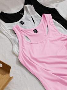 SHEIN EZwear 3 件套女士黑色、白色、粉色工字背心、瑜伽衫、宽肩带无袖健身上衣，适合夏季 - 彩色 - 查看 4