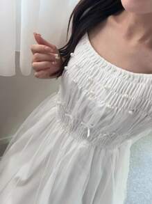 FRIFUL Women's Palace Style Princess Solid Color White Puff Sleeve Pearl Decor A-Line Mesh Vacation Dress - Beige - View 6
