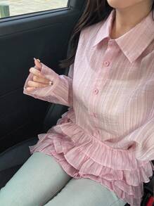 FRIFUL 2pcs Women Solid Color Sweet Casual Back To School Outfit, Layered Shirt And Skirt Set, Autumn