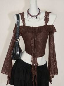 SHEIN ICON Women's Off The Shoulder Hippie Boho Elegant Ruffled Ruffle Long Sleeve Lace Blouse Western Wear Women Brown Lace Crop Top,Y2k Tops