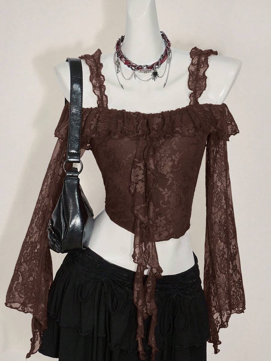 SHEIN ICON Women's Off The Shoulder Hippie Boho Elegant Ruffled Ruffle Long Sleeve Lace Blouse Western Wear Women Brown Lace Crop Top,Y2k Tops