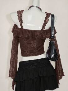 SHEIN ICON Women's Off The Shoulder Hippie Boho Elegant Ruffled Ruffle Long Sleeve Lace Blouse Western Wear Women Brown Lace Crop Top,Y2k Tops