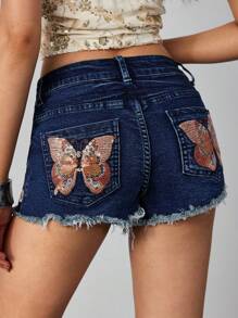 ROMWE Hippie Short en jean mini taille basse de style vintage Y2K pour femme, avec broderie et paillettes florales - Bleu azur - Voir 1