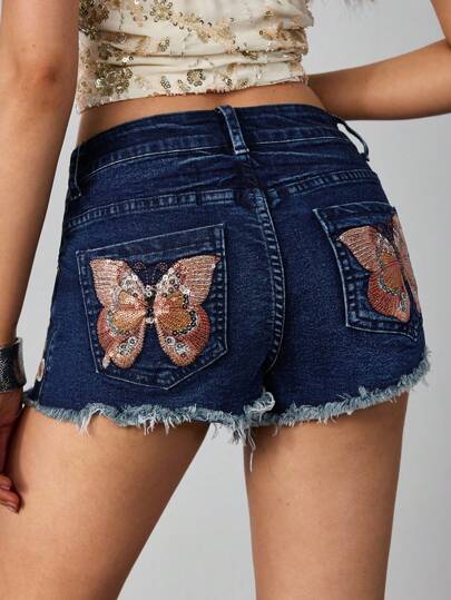 Hippie Women's Vintage Y2K Style Floral Sequin Embroidered Low Waist Mini Denim Shorts