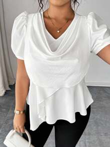 Elenzga Blusa de mujer talla grande casual, elegante, sexy y romántica de unicolor con mangas de obispo cortas y cuello drapeado - Blanco - Ver 6