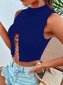 Chiquease 女士链条系带立领无袖性感针织上衣，适合大学穿着的针织毛衣 - 水鴨藍 - 查看 4