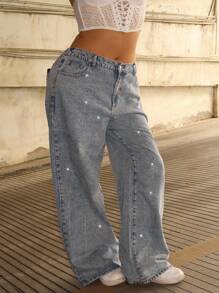 Dripcurv 大码女式宽松阔腿休闲牛仔裤，女式休闲洗水做旧钻石紧身牛仔裤，女式夏季复古休闲返校蓝色牛仔香蕉裤闪亮热钻，商务休闲女装，女式外出牛仔裤，锐舞，女式机场装，街头牛仔裤，复古风女装，飘逸裤，Y2k 女装，俱乐部，女式派对，生日，女牛仔，秋季女装