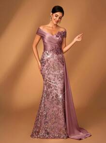 Serin Vestido elegante y de lujo con un solo hombro, bordado con lentejuelas, parches de encaje y volantes de satén, bajo de cola de pez, diseño de drapeado lateral, adecuado para bodas, fiestas, vacaciones, bailes de graduación, vestido de noche