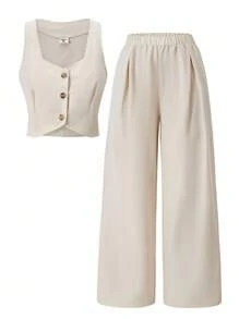 2 件套青少年女孩无袖开衫背心 + 高腰阔腿裤套装，休闲通勤装夏季